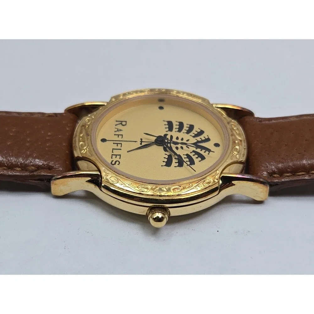 Vintage Raffles Hotel Singapore L'Orelogg 34mm Quartz Watch Leather New Battery
